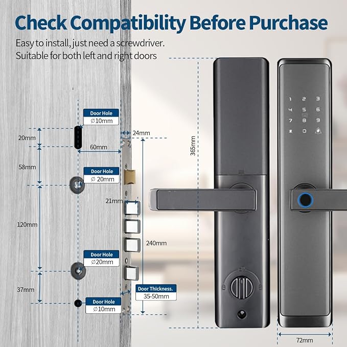 Sophies Keyless Entry Smart Lock with Handle, WiFi Door Lock, Tuya APP Control - Fingerprint Deadbolt with Keypad and Anti-Peeping Password Black