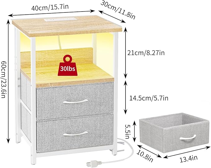 Fixwal Night Stand with Charging Station, LED Nightstand with U-S-B Ports and Outlets, 2 Fabric Storage Drawers with PU Finish, Small Bedside Table, Natural Oak & Light Grey