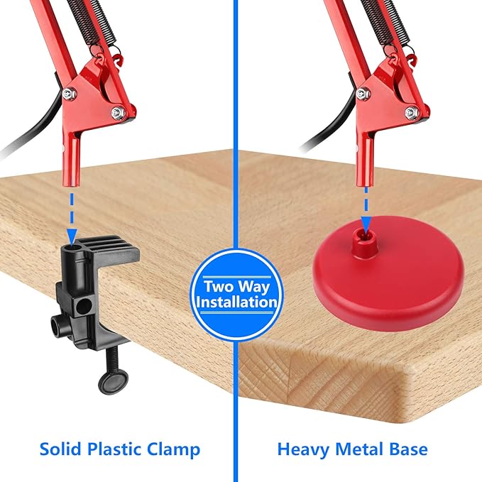 AmeriTop Metal Desk Lamp, Adjustable Swing Arm Table Lamp with Interchangeable Base Or Clamp; Eye-Caring Desk/Clip Reading Lamps for Bedroom, Study, Office (Red)