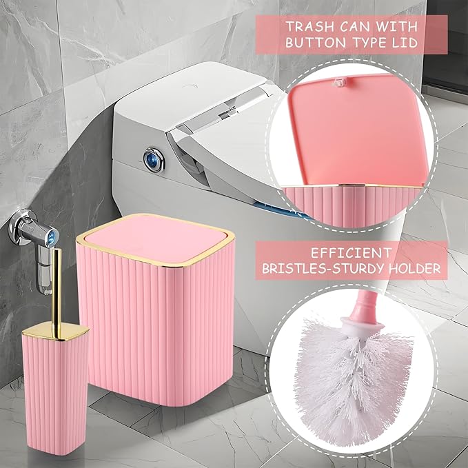 XLHOMO Pink Bathroom Accessories Set - Gorgeous Bathroom Set, 10PC Bathroom Accessory Set, Toilet Brush, Trash Can, Qtip Holder & Soap Dispenser