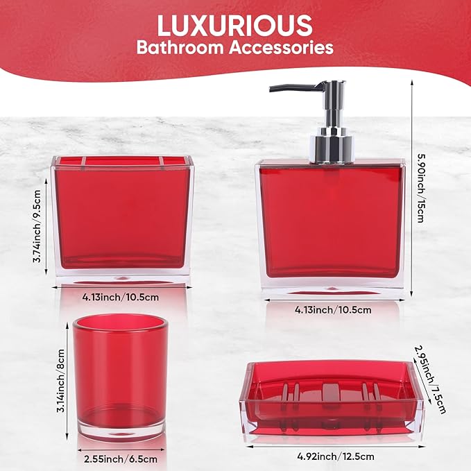 4-Piece Bold Red Acrylic Bathroom Accessories Set — Soap Dispenser, Toothbrush Holder, Soap Dish & Mouthwash Cup, Vanity Countertop Organizer for Red Bathroom Decor