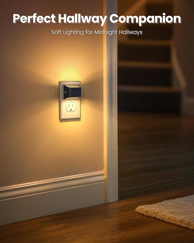 NIORSUN Night Lights Plug Into Wall, Auto Brightness Sensor Night Light, 3000K Warm White, Ultra-Slim Wall Light for Hallway Bathroom Bedroom Stairs, Black, 2 Pack