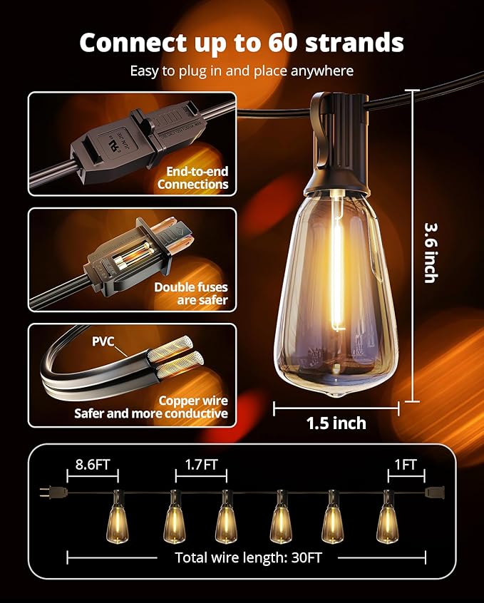 VIPAR Outdoor String Lights 30FT LED Patio Lights Waterproof with 13+1 Shatterproof ST38 Edison Bulbs, Connectable Outside Hanging Light for Porch, Garden, Backyard, Deck, Balcony, Decor, 2700K