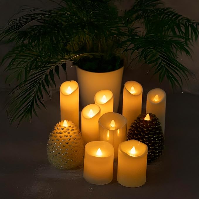 Flameless Candles Last 1300+ Hours Real Wax Flame Effect Auto-Moving 3D Wick, LED Pillar Candles with Timers Battery Operated - Ivory 4" 4”