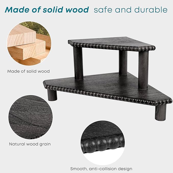 2-Tier Rustic Corner Shelf for Kitchen Counter,Wood Beaded Farmhouse Countertop Organizer with Removable Feet, Stackable Bathroom Vanity & Coffee Bar Decorative Riser Stand(Rustic Black)