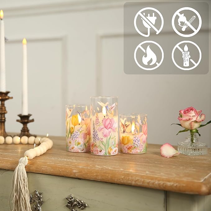 Flameless Candles with Remote, Battery Operated Glass Candles Hummingbird Flickering LED Electric Pillar Candles Real Wax Floral Christmas Decor Set of 3