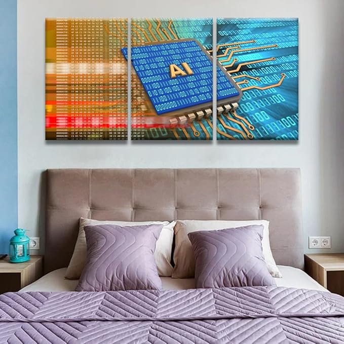 LSIUHWUWI 3 Panels Canvas Wall Decor Modern Art AI Sign and Binary Code Inside Picture Poster for Bedroom Living Room Wall Decorations, CPU Artwork Ready to Hang, 16x24inchx3