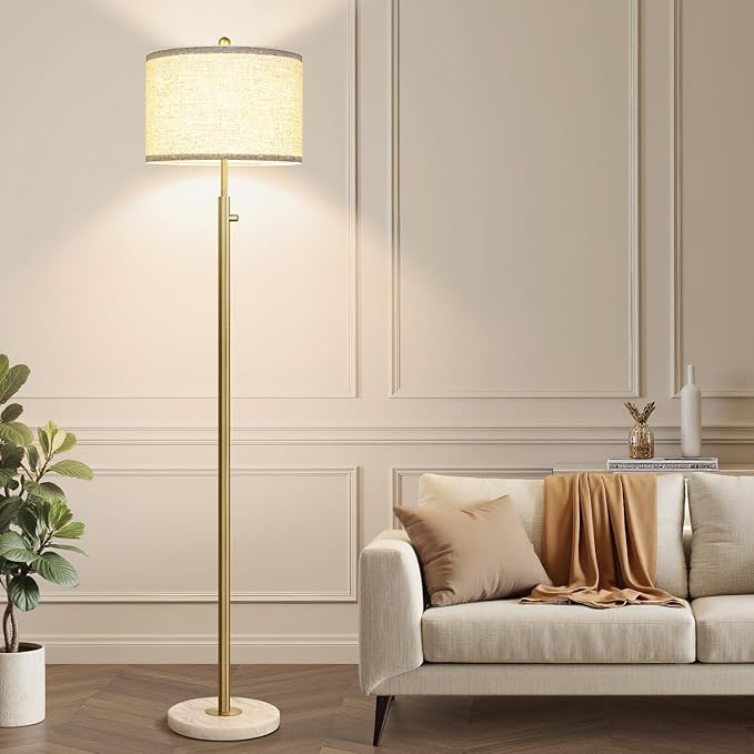 【Upgraded】 Dimmable Floor Lamp for Living Room, 11W LED Bulb Included, Modern Standing Lamp with Marble Base, Tall Pole Light with Linen Shade for Bedroom Reading Office Corner Nursery-Brass Gold