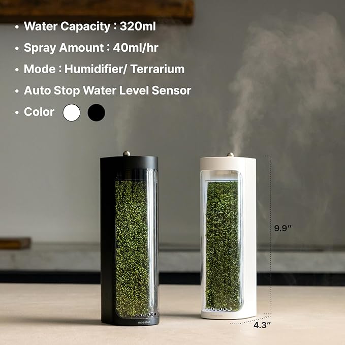 Moss Air – Living Moss Terrarium Humidifier | Soothing Mist Fountain & Ambient Light | Zen Desk Decor, Aesthetic Room Decor | Portable & Whisper-Quiet