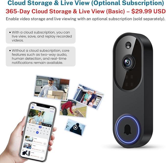 Doorbell Camera M52, Security Camera Outdoor/Indoor, 1080 HD with Night Vision, 4 Infrared Lights, 120° Wide View, Motion Detection Notification, Works with Smartphone, Wireless, Online Support