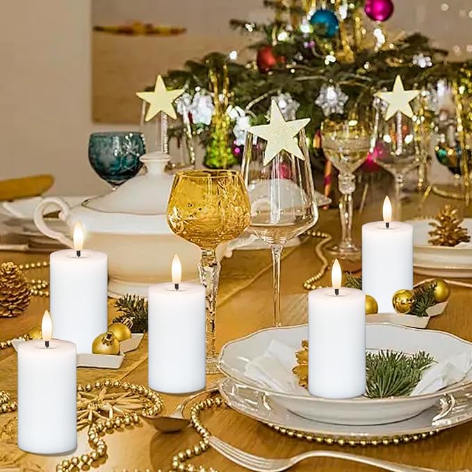 Eldnacele Flameless Pillar Flickering Candles With Remote and Timer - Battery Operated 3D Wick Real Wax LED Set of 6 White - Christmas Holiday Decor Wedding Home Indoor Decorations