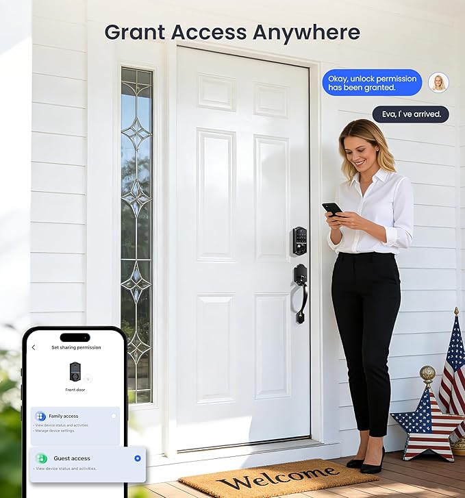 Veise VE017 Fingerprint Smart Door Lock, App Control, 8-in-1 Keyless Entry, Auto Lock, Emergency Power Port, Electronic Touchscreen Keypad, Biometric Smart Locks for Front Door, Matte Black