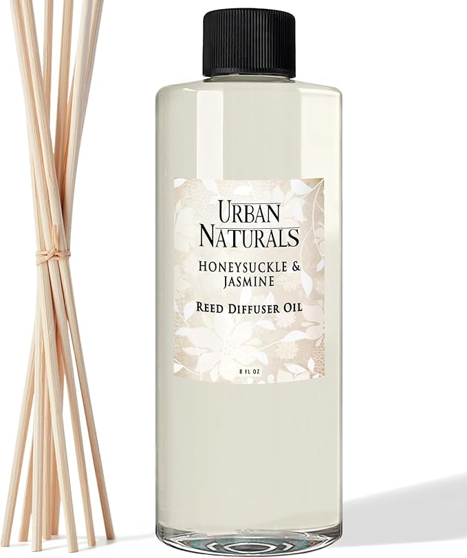 Urban Naturals Reed Diffuser Oil Refill Honeysuckle Jasmine with Hyacinth, Cassis, Neroli, Rose, Iris, Lily of the Valley 8 oz + Free Reed Sticks, Made in the USA