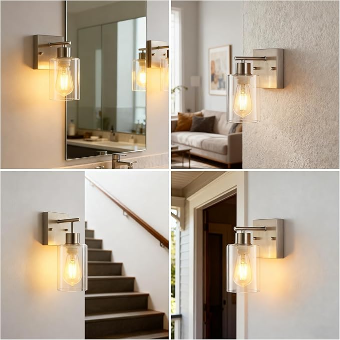 2-Pack Bathroom Wall Sconces, Brushed Nickel Vanity Lights, Modern Wall Light Fixture with Clear Glass Shade, Farmhouse Wall-Mount Lighting Lanterns, Wall Lamps for Mirror Living Room Bedroom Kitchen