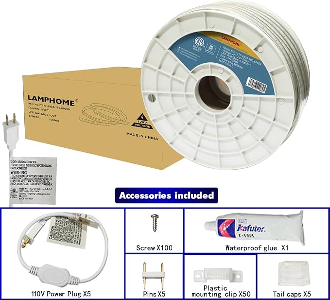 LAMPHOME 6000K 120V LED Strip Light, 150FT 9000LED Waterproof for Outdoor Indoor, Every 1.5ft Cuttable Lighting Rope Light, 17.5x7.8mm ETL Listed,White