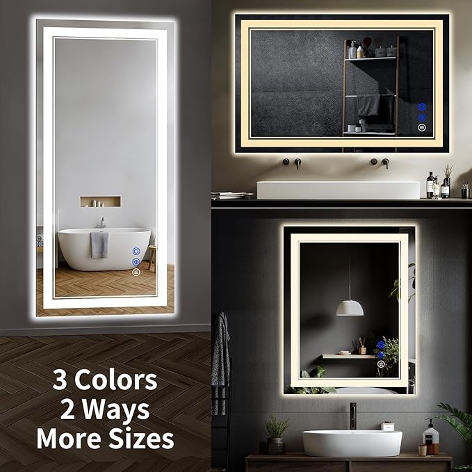 36"x28" LED Bathroom Mirror with Anti-Fog, Stepless Dimmable Lights, 3 Color Modes, Shatter-Proof Tempered Glass,Waterproof Design