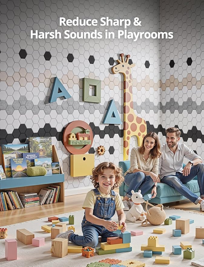 Acoustic Wall Panels Sound Absorbing, Honeycomb Self Adhesive Wall Tiles Panel, 12 Pack Decorative Hexagon Design for Studio, Home Office, Gaming Room, Acoustic Treatment, 12"x12"x0.4", Black