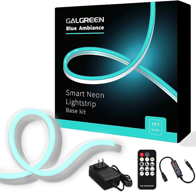 Neon Rope Lights, 16.4ft Rope Lights with Dimmable Remote and Adapter, Waterproof Flexible Smart Led Strip Lights for Bedroom, Super Bright, DIY Neon Sign, Indoors Outdoors Decor, Ice Blue
