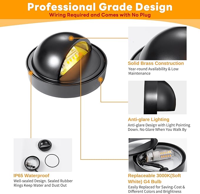 Gardenreet Low Voltage Deck Lights - Landscape Solid Brass LED Step Lights Outdoor, 12V Hardwired IP65 Waterproof, Round Black for Fence Wall Stair with 3000K Soft White 3W 270LM G4 Bulb 8 Pack