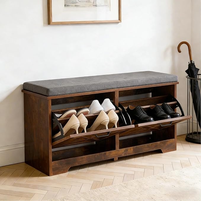 Shoe Storage Bench with 2 Flip Drawers, Entryway Bench with Removable Cushion, Hallway & Mudroom Organizer with Seat, Front Door Shoe Rack Cabinet, Brown
