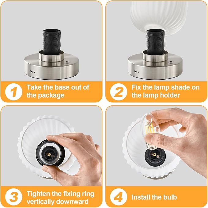 Cordless Table Lamp for Bedroom, 7500mAh Rechargeable Small Battery Lamp, Modern Touch Dimmable Wireless Lamp Brushed Nickel Base White Glass Shade for Living Room, Desk, Led Bulb Included