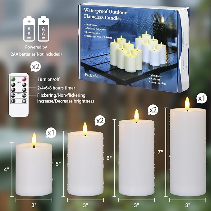 Outdoor 6pcs Flameless Waterproof Candles with Handy Remote Control, Cycle Timer Battery Operated Candle Grease Effect LED Flickering Pillar Plastic Long Lasting (White, 3" x4" 5" 5" 6" 6" 7")