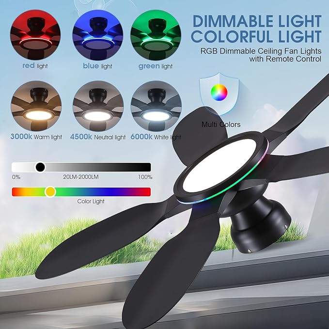 Ceiling Fans with Lights and Remote/APP Control, 52 inch Low Profile Ceiling Fans with Dimmable White + RGB Ring Lights, 6 Speeds 5 Curved Blades for Kids Room Bedroom Bar, Black