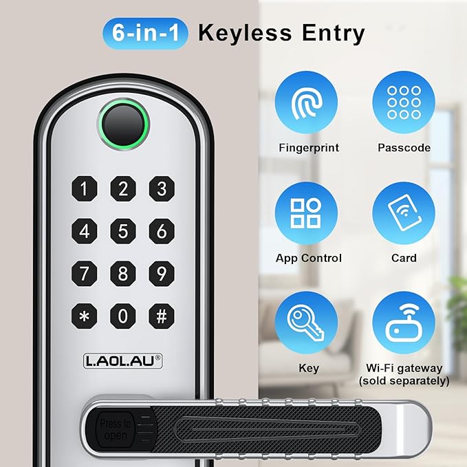 B04 Fingerprint Electronic Door Lock with Keypad and Handle – Keyless Entry Smart Door Lock, Remote APP Control, Code Unlock, Silver, Smart Locks for Front Door, Home, Office Use