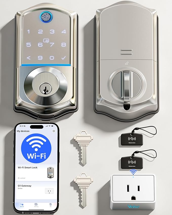 Veise VE017G Wi-Fi Keyless Entry Door Lock, App Remote & Voice Control, Fingerprint Smart Locks for Front Door, Touchscreen Electronic Keypad Deadbolt, Auto Lock, Emergency Power Port, Satin Nickel