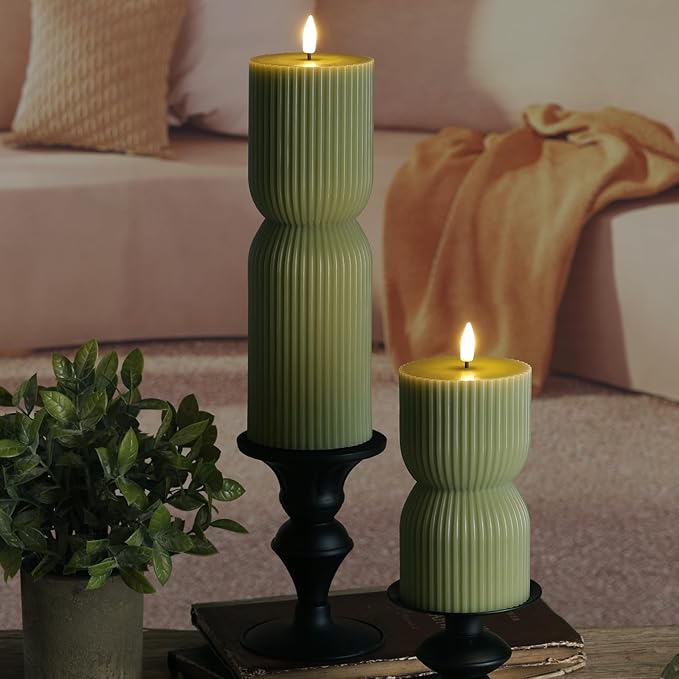 Olive Green Ribbed Flameless Pillar Candles with Remote, LED Candles Battery Operated Flickering Real Wax Set of 2