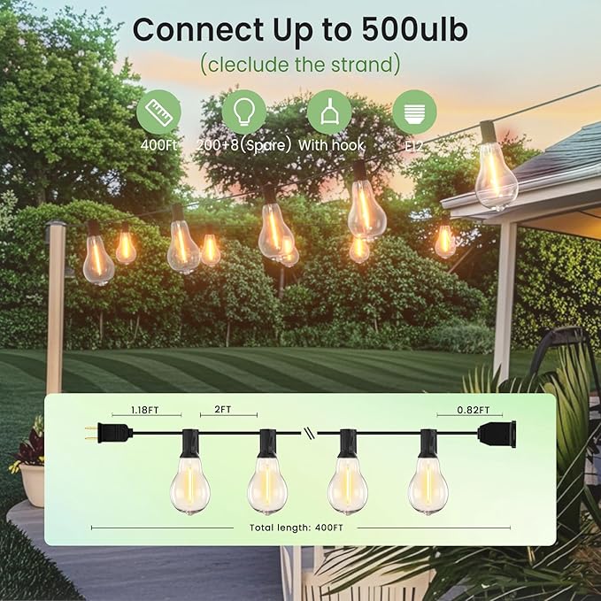 Outdoor String Lights 400FT(4x100) Patio Lights with 212 (12 Spare) Shatterproof Bulbs, String Lights for outside Waterproof hanging for Party,Wedding,Yard, Porch, Bistro, 2200K, Black cord