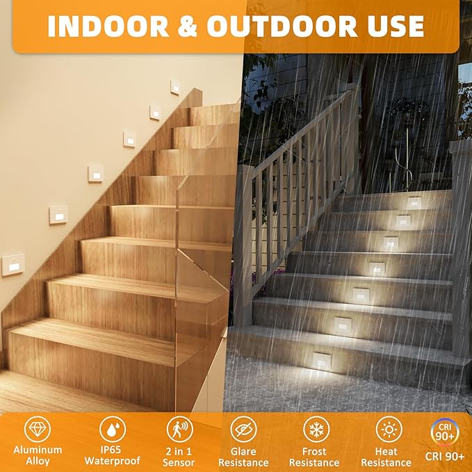 Motion Sensor Stair Lights Indoor Outdoor, 5CCT Dimmable LED Step Lamp with Switch, 4W 300LM, 2700K-6500K, IP66 Waterproof Hardwired 120V Stairway Staircase Walkway Lighting- White, 12 Pack, ETL