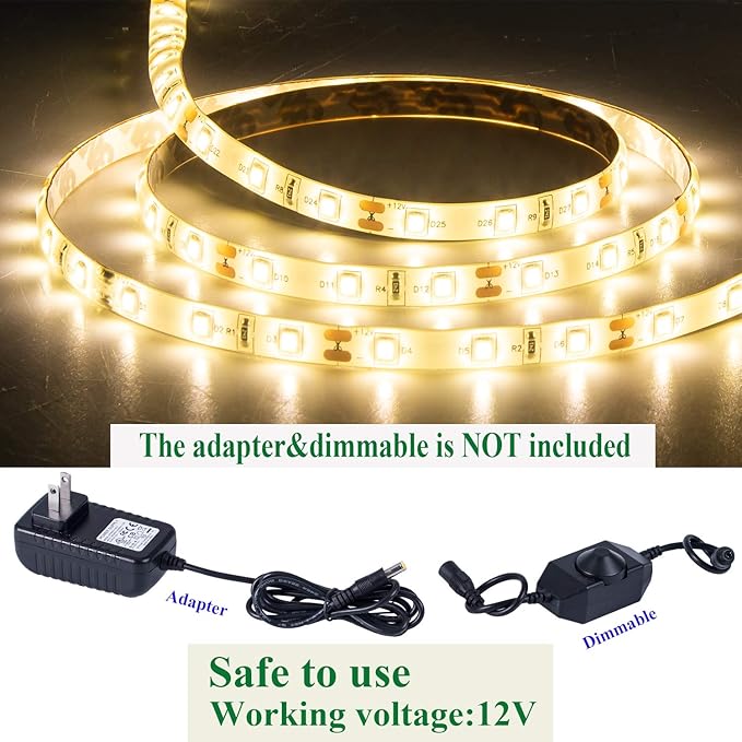 16.4ft Warm White Led Strip Lights, 12V Outdoor Led Strip Lights Waterproof Flexible Led Light Strip Indoor Plug in Cuttable SMD2835 Led Strip Light for Bedroom Cabinet Kitchen TV Hallway Bar
