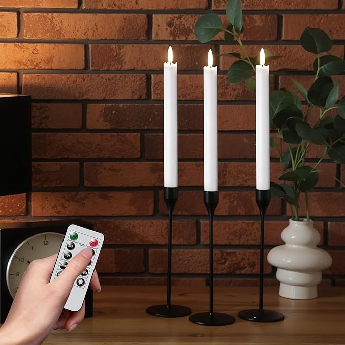 GenSwin Flameless White Taper Candles Flickering with 10-Key Remote, Battery Operated Led Warm 3D Wick Light Window Candles Real Wax Pack of 3, Christmas Home Wedding Decor(0.78 X 9.64 Inch)