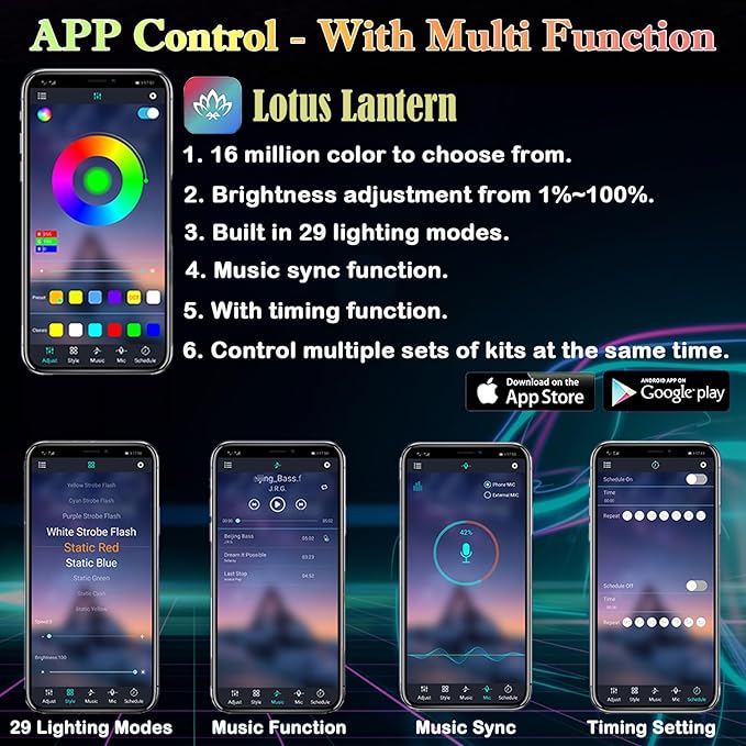 Interior Car LED Strip Lights, RGB 6 in 1 Ambient Lighting Kits with 315 inches Fiber Optic, 16 Million Colors APP Wireless Control Car Neon Lights, with Music Sync Function