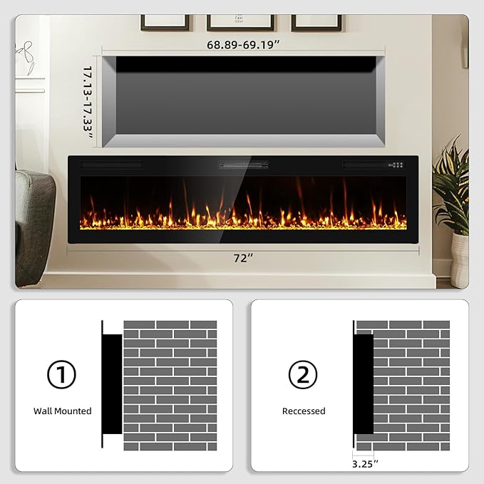 2025Upgraded 72” Recessed and Wall Mounted Electric Fireplace, Ultra Thin Narrow Beleze Fire Places with Remote Control, Screen Control,Adjustable Flame Colors and Speed