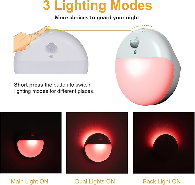 2 Pack Red Night Light, Battery Operated Night Light, 2.6" Small Sticky Lights, Dimmable Motion Sensor Light, 3 Light Modes, Portable LED nightlight for Baby, Kids, Sleep, Bedroom, Bathroom
