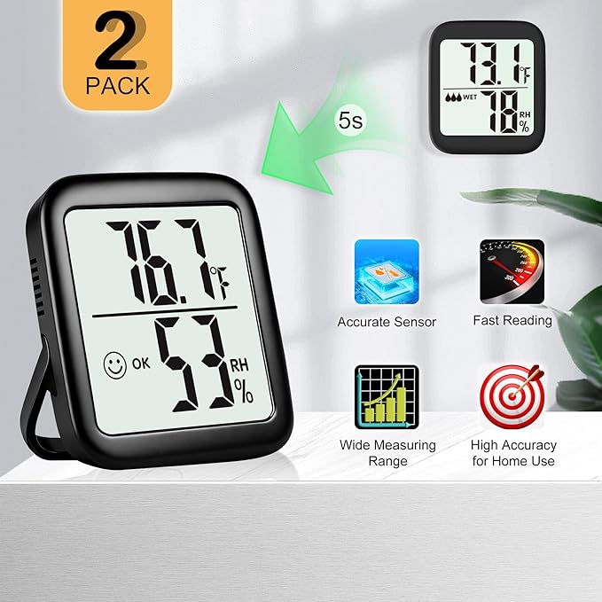 Antonki 2 Pack Room Thermometer for Home, Hygrometer Indoor Humidity Meter Gauge, Digital Temperature and Humidity Monitor Sensor for House, Terrarium, Incubator, Greenhouse - Battery Included