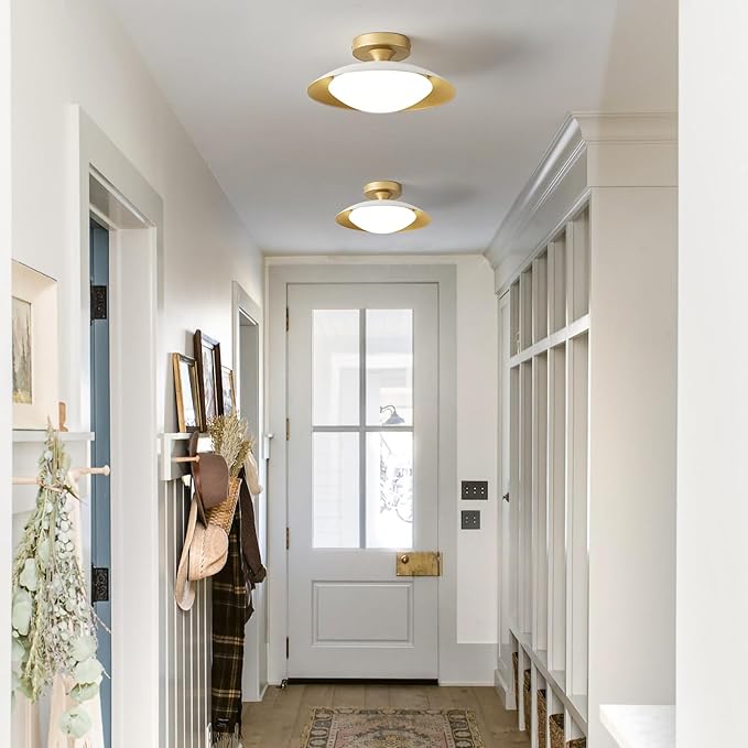 Small Dimmable Mid Century Modern Ceiling Light,5CCT LED White Gold Semi Flush Mount Ceiling Lamp,for Hallway Entryway Bedroom Laundry Room Kitchen Light Fixture 2700K-6000K,11.81 in