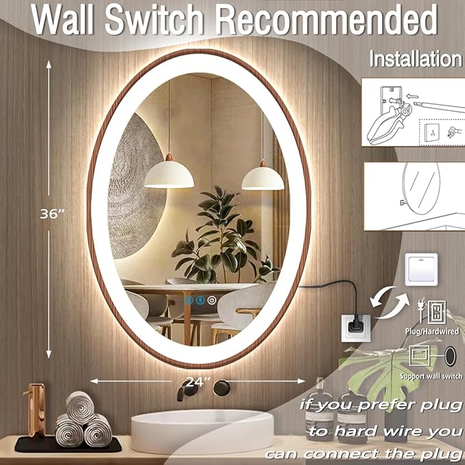 24 x 36 Inch Wood Frame LED Oval Mirror with Lights Smart Memory 3 Color Dimmable Frontlight AntiFog Wooden Grain Design 36 Inch Wood Oval Lighted Vanity Mirror for Bathroom Salon Wall Mounted