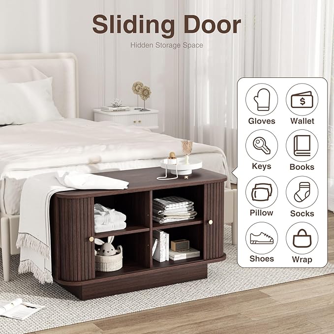 63" W Small Shoe Storage Bench, Shoe Bench Entryway with Sliding Doors and Adjustable Shelvs, Wooden Low Cabinet for Hallway, Living Room, Bedroom, Apartment, Dorm, Mudroom, Garage, Walnut, 2PCS