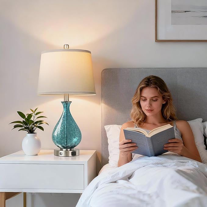 QiMH Glass Table Lamp for Living Room Bedroom Set of 2, 22.5" LED Light with Touch Control, Blue 3 Way Dimmable Modern Bedside Lamps for Home Decor with White Fabric Shade