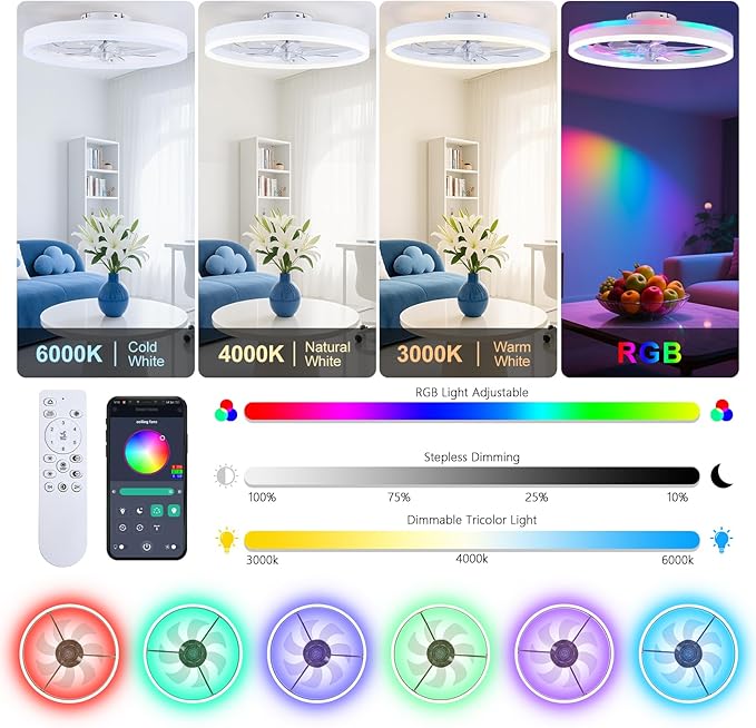 STERREN RGB Ceiling Fans with Lights, 20'' Smart LED Ceiling Fan with Remote/APP Control, Modern Low Profile Bladeless Chandelier Fan, Dimmable White Fandelier for Bedroom, Living Room, Kitchen