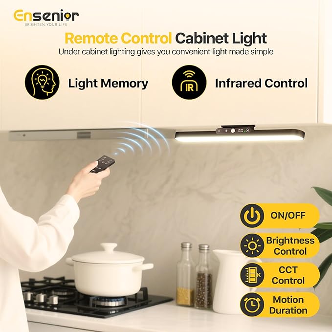 Motion Sensor Light Indoor, Rechargeable Under Cabinet Lighting with Remote Control Digital Battery Display, Dimmable Magnetic LED Closet Lights, 3 CCT Stick on Lights for Kitchen, Hallway, Stairs