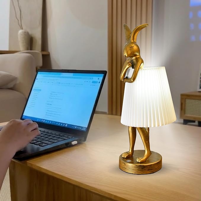 Cordless Rabbit Table Lamp Rechargeable LED 5000mAh, 15.7” Cute Decorative Night Light with Linen Shade & Gold-Tone Bunny Design, Portable Touch Dimmable Bedside Lamp for Bedroom, Home Decor (White)