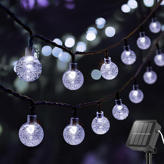 Metaku Solar String Lights for Outside, 20FT 30 LED Crystal Globe String Lights, Solar Powered Outdoor Light with 8 Lighting Modes, Patio Hanging Lights for Garden, Camping and Party Décor Cool White
