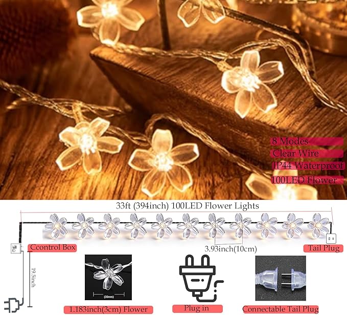 Decorative Flower String Lights Plug in for Bedroom, Connectable 33ft 100 LED Soft Cherry Blossom Fairy Light for Patio Room Dorm Wedding Party Christmas Tree Hanging Decorations, Warm White