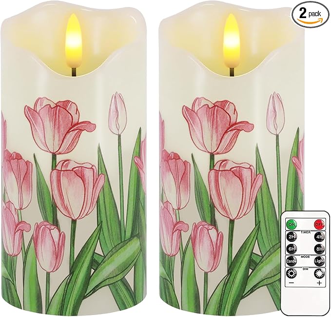 Flameless Candles Set of 2, 6"x3" Flickering Tulip LED Candles with Remote & Timer, Dimmable Real Wax Electric Pillar Candles Battery Operated, Birthday Gift Mother's Day Gift for Mom Women (Tulip)
