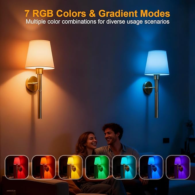 Tomshine 2 Pack Battery Operated Wall Sconces, 5200mAh Rechargeable Wireless Wall Lights with Remote, Magnetic Detachable RGB Dimmable Gold Fabric Lamp for Bedroom Living Room
