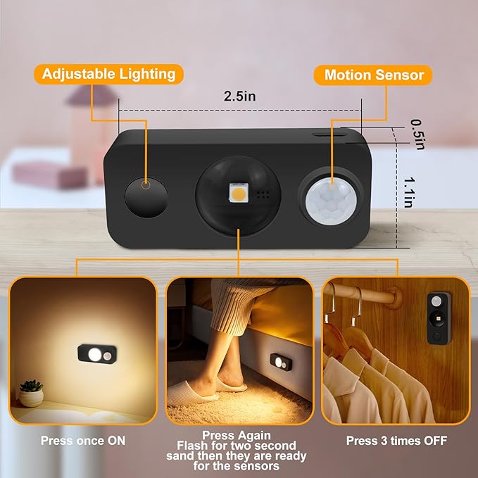 LED Motion Sensor Puck Lights, Rechargeable Cabinet Lights, Stick on Wireless LED Night Light for Closet, Drawer, Shelf, Under Cabinet, Warm White 6Pack, USB Charging Cord Included